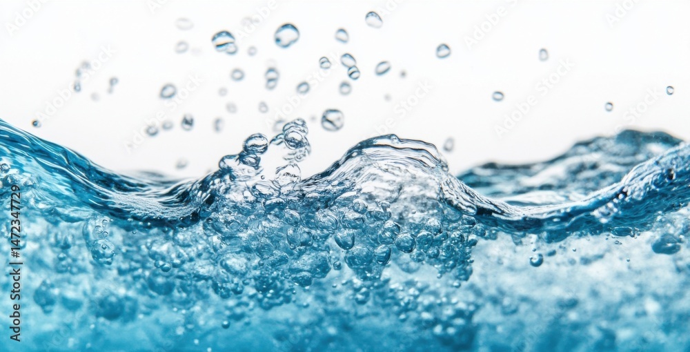 Poster Close-up view of a dynamic wave of clear, blue water with numerous air bubbles rising to the surface against a bright white background. : Generative AI