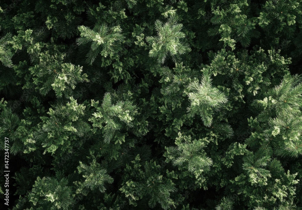 Poster aerial view of lush evergreen coniferous forest canopy, showing detailed texture of pine needles and