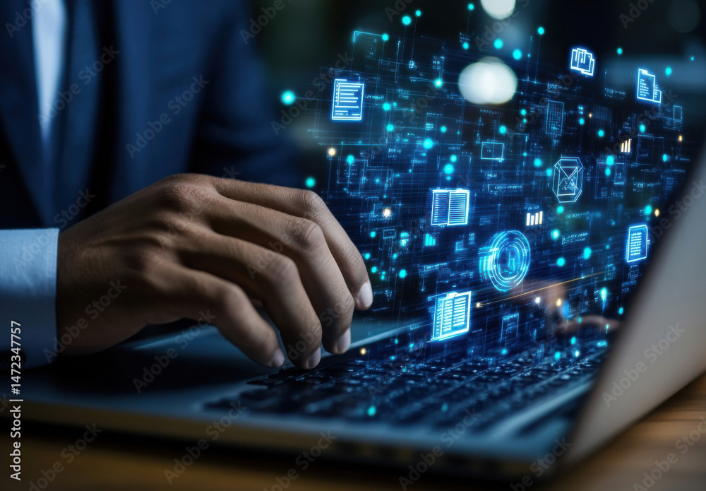 Fototapete A businessman's hands actively typing on a laptop, with a holographic projection of digital data and network connections emanating from the screen, illustrating modern technology and d : Generative AI