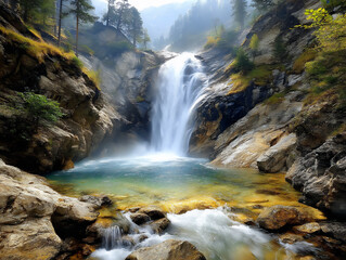 Fototapeta premium abstract photograph of blurred white streaks of water falling against dark, textured rocks, representing the motion of a waterfall,