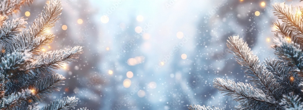 Poster snow-covered pine branches with warm bokeh lights create a magical winter wonderland scene, perfect 