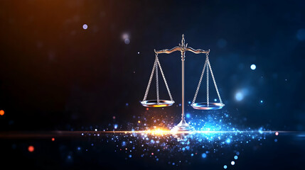 Glowing scales of justice on dark background