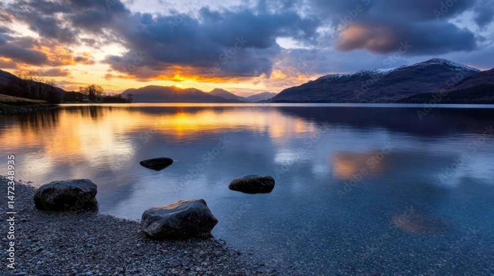 Poster serene sunset over a tranquil loch in the scottish highlands, reflecting the fiery colors of the sky