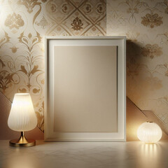 Elegant frame mockup with ambient lighting and vintage golden wallpaper background