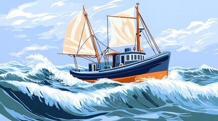 Obraz premium Blue and White Sailing Vessel Navigating Choppy Ocean Waves