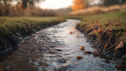 Obraz premium Autumnal stream meandering through a grassy parkland