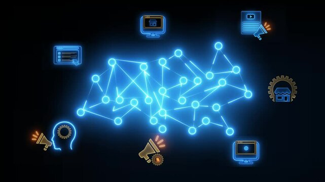 Digital marketing concept on transparent background. promotion of brands and products using digital channels like the internet, social media, email to connect with potential customers. 4k video.