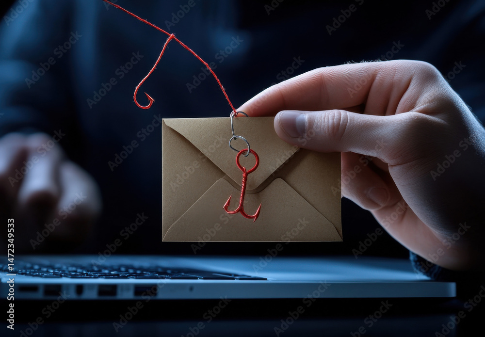 Poster a hand holds a brown envelope with a red fishing hook attached, symbolizing phishing and online frau