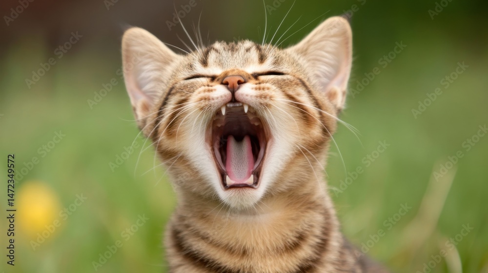 Poster adorable tabby kitten with wide open mouth, yawning in a lush green outdoor setting. the soft sunlig