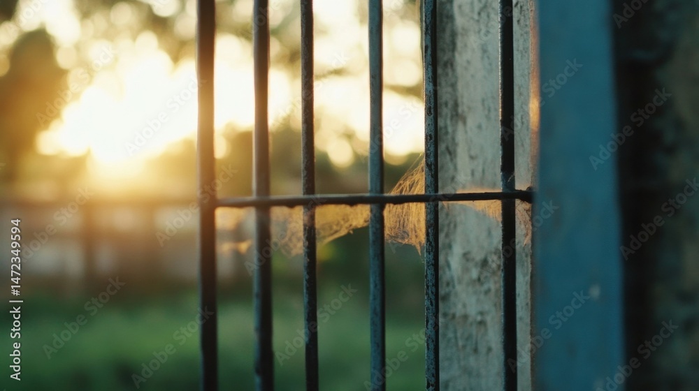 Leinwandbilder sunset light filters through a metal fence, illuminating a delicate spiderweb caught between the bar