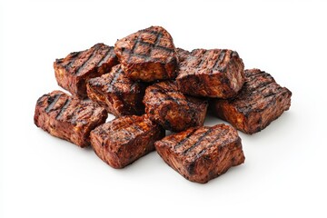 Pile of grilled steak cubes isolated on white background