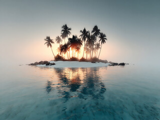 serene 3d rendering of a tropical island shrouded in a light mist, palm trees appearing through the fog, calm water with gentle ripples,
