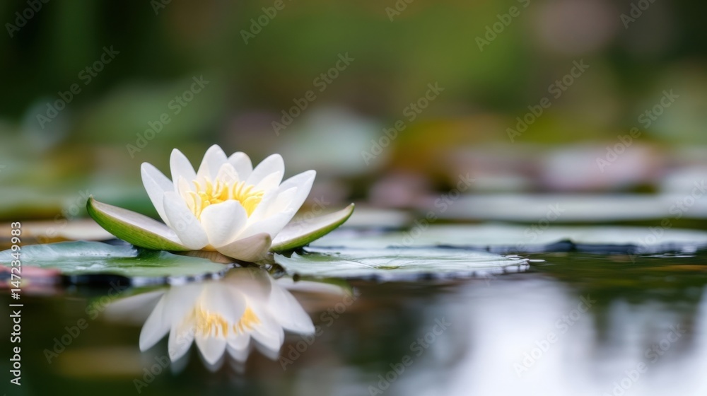 Poster a single white water lily floats serenely on a calm pond, its reflection mirrored perfectly in the s