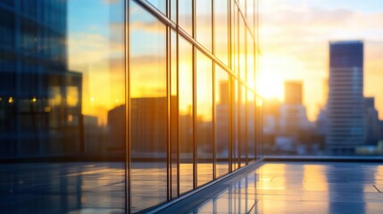 Golden sunset reflected in modern skyscraper glass facade, showcasing city skyline at dusk.  The image offers a vibrant, warm tone and architectural detail. : Generative AI