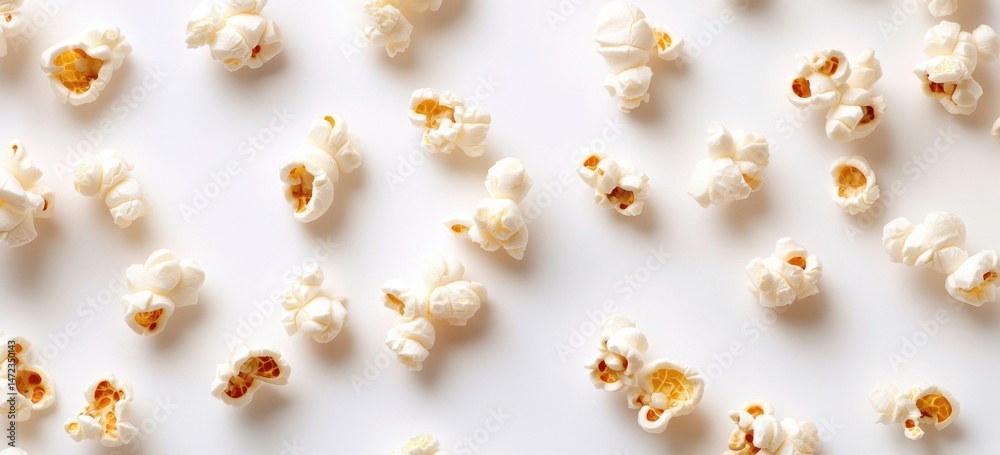 Aufkleber A delightful scattering of fluffy popcorn kernels on a pristine white surface, creating a visually appealing and appetizing pattern. : Generative AI
