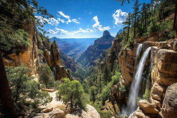 wide-angle photograph capturing the full height of a towering waterfall as it plunges into a vast canyon below,