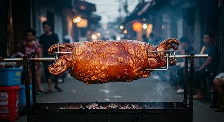 Whole lechon roasted on charcoal spit in urban street with people watching background scene