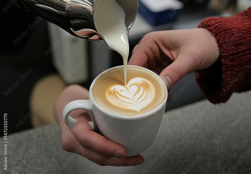 Poster Barista pouring milk into a cup of latte art, creating a heart-shaped design in the foam. Close-up view of the process and the final result. : Generative AI