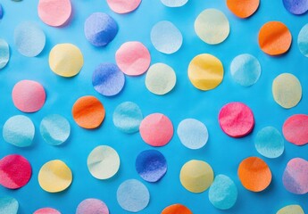 A vibrant collection of colorful confetti circles scattered on a bright blue background, perfect for festive celebrations and cheerful designs. : Generative AI