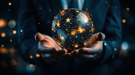 Premium Quality Assurance: A Businessman Showcasing Five Golden Stars for Guaranteed Client Satisfaction and Exceptional Service