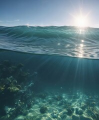 Sunlit ocean surface reveals vibrant underwater scene, gentle waves , water, clouds, teal