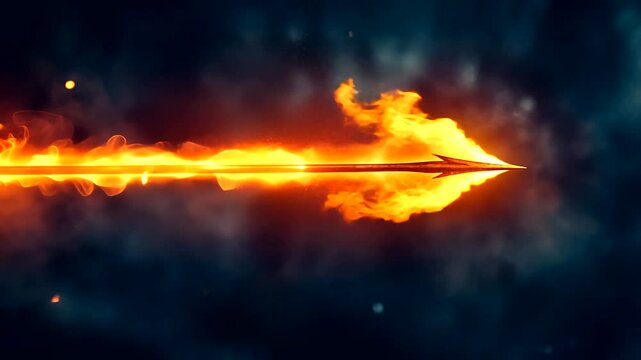 A blazing arrow streaks through smoky darkness, its bright, burning tip leading a fiery trail of sparks