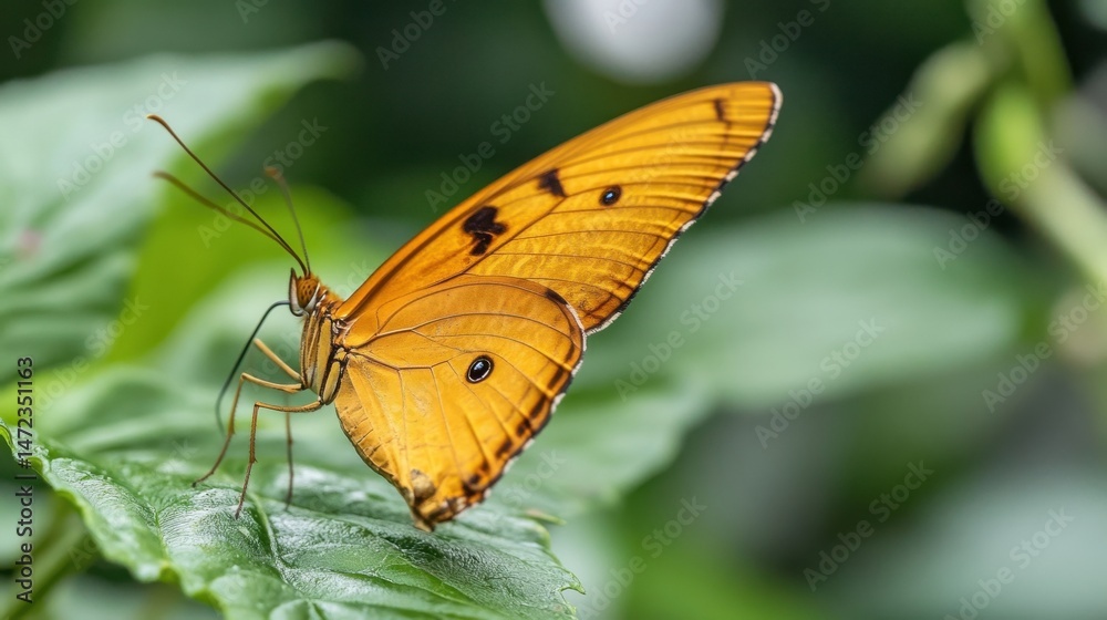 Aufkleber closeup of a vibrant orange butterfly perched delicately on a lush green leaf, its wings displaying 