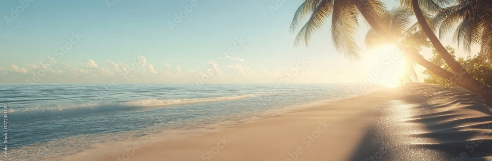 Poster serene sunset over a tropical beach with palm trees casting long shadows on the sand, gentle waves l