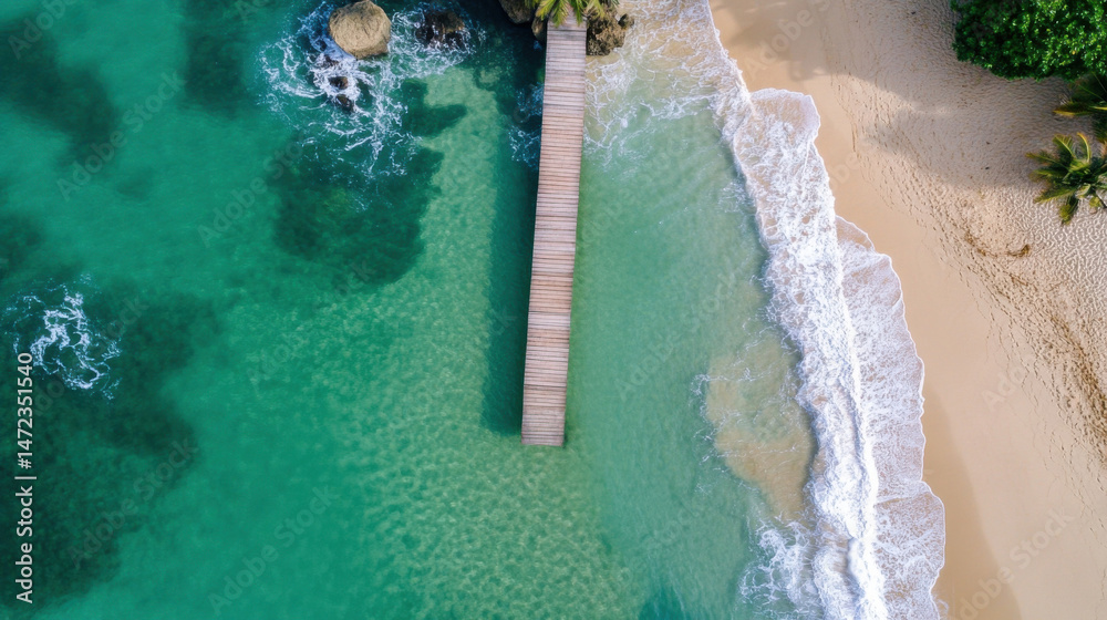 Poster aerial view of a wooden pier extending from a pristine beach into turquoise ocean water, waves gentl
