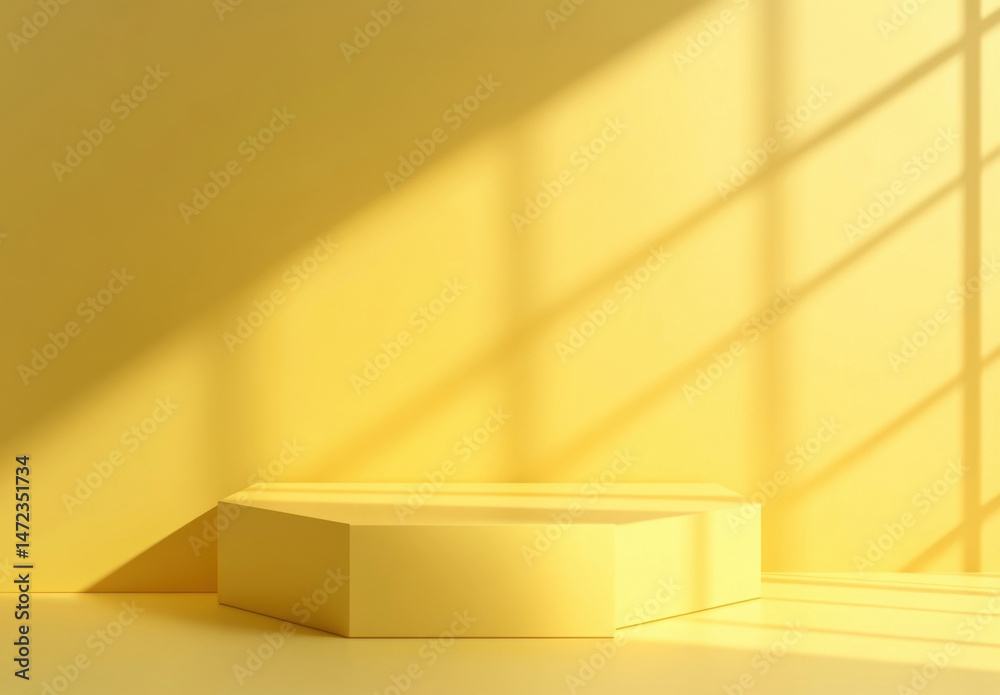 Aufkleber Hexagonal yellow platform bathed in sunlight, casting window shadows on a pale yellow wall. Minimalist product display scene. : Generative AI