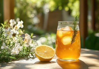 Refreshing Lemonade with Ice and Rosemary Garnish Surrounded by Greenery in a Bright Summer Backyard Setting