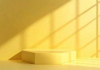 Hexagonal yellow platform bathed in sunlight, casting window shadows on a pale yellow wall. Minimalist product display scene. : Generative AI