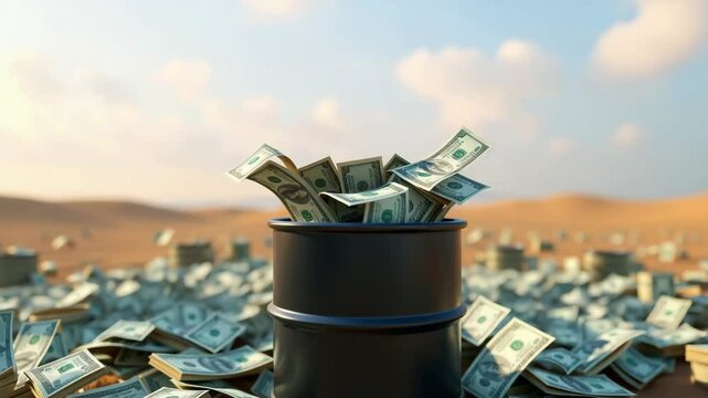 Money fuel market with dollar bills flying out of black oil barrel in desert symbolizing wealth and economic value in energy industry