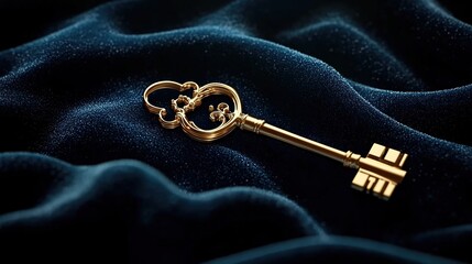 Golden classical key on dark blue velvet fabric.