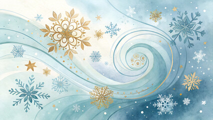 Watercolor Snowflakes in Icy Blues & Gold &ndash; Winter & Hanukkah Background with Copy Space"