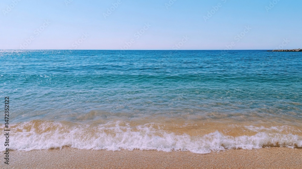 Poster Serene ocean waves gently lapping a sandy beach under a clear blue sky, creating a tranquil summer seascape. : Generative AI