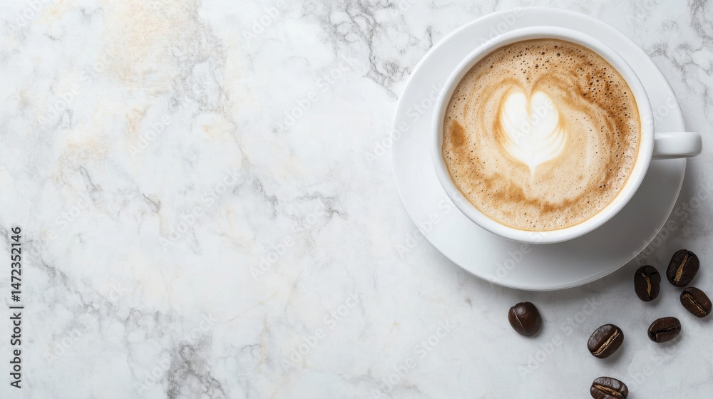 Poster aromatic latte art in a white cup rests on a marble surface, accompanied by scattered coffee beans; 