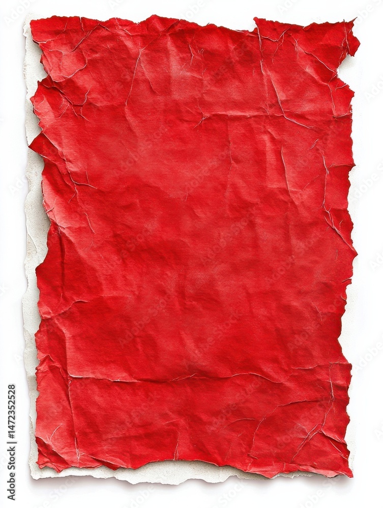 Poster a crumpled, red paper sheet with torn edges, isolated on white background, ideal for design projects