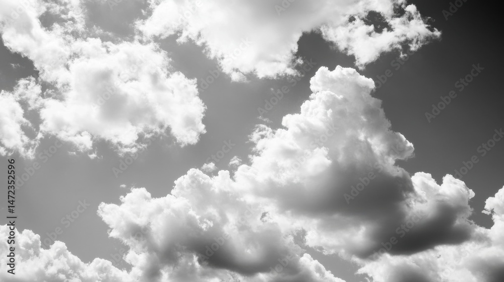 Aufkleber dramatic black and white image of fluffy cumulus clouds against a gray sky, showcasing varying light