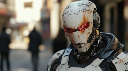 Fototapeta premium Futuristic soldier in high-tech armor, sleek metallic helmet, intense urban backdrop, action-themed, dynamic character focus.