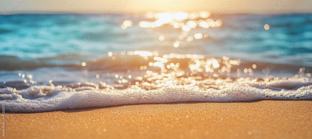 Poster golden sunlight glistens on ocean wave foam as it gently laps onto a sandy beach at sunset, creating