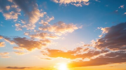 Fototapeta premium Golden hour sunset sky with fluffy clouds, vibrant orange and blue hues painting the heavens, creating a breathtaking natural scene. : Generative AI