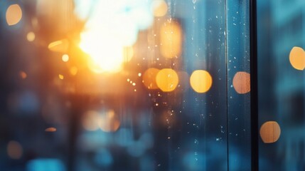 Rainy evening city lights blurred through wet window pane, warm sunset glow, bokeh effect, urban scene, atmospheric mood. : Generative AI