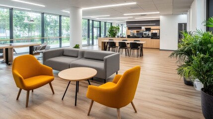 Fototapeta premium Modern office lounge area with gray sofa and mustard yellow armchairs, wooden floor, and large windows overlooking green trees. : Generative AI