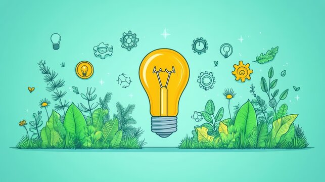 Innovation in nature.  A lightbulb emerges from a verdant landscape, showcasing ideas sprouting from the environment