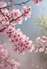 Delicate pink sakura petals drift against a soft-focus spring backdrop ,  springtime,  flower