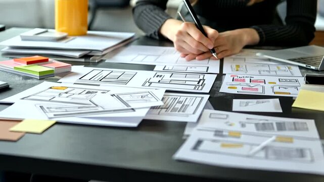 Hands sketching user interface designs on paper at a desk with wireframes, laptop, and sticky notes
