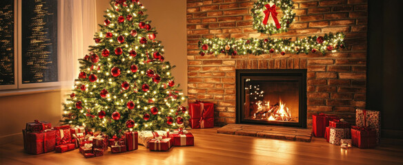 A beautifully decorated Christmas tree stands beside a warm fireplace, surrounded by festively wrapped presents, creating a cozy holiday scene. : Generative AI