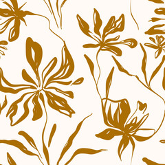 Seamless floral ink pattern with beige delicate handmade flowers on light brown background vintage vector texture for fabric ceramic decor greeting cards wallpaper wrapping paper and surface design