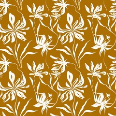 Seamless floral bitmap pattern with dainty beige handmade flowers dark gray background vintage ink texture for fabric greeting cards ceramic decor wrapping paper wallpaper and textile surface design